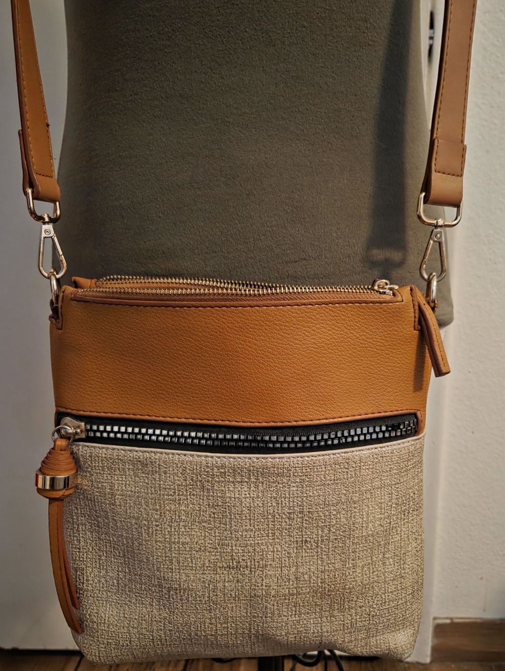 Sondra Roberts Cognac Leather Crossbody with Patterned Lining